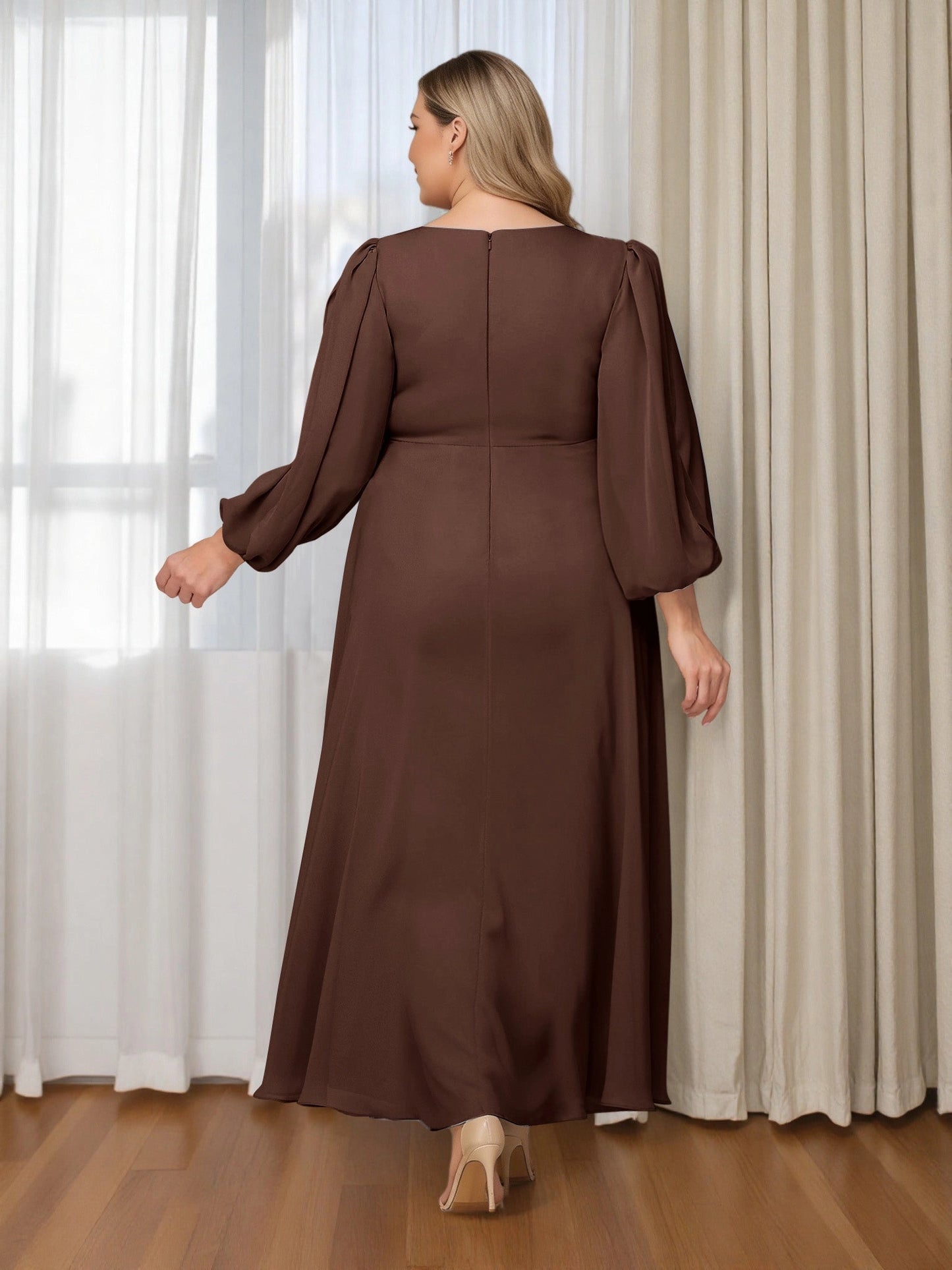 Roselledress brown a‑line formal dress back view, zipper closure long sleeve floral applique mother of bride gown