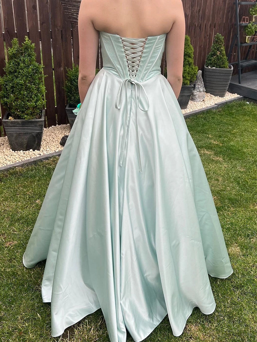 roselledress light sage a line gown strapless crisscross lace up back floor length party dress