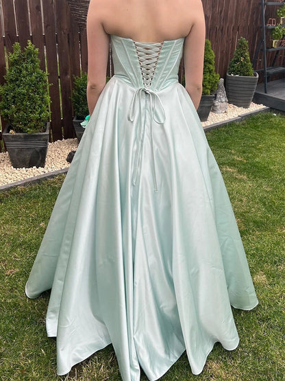 roselledress light sage a line gown strapless crisscross lace up back floor length party dress