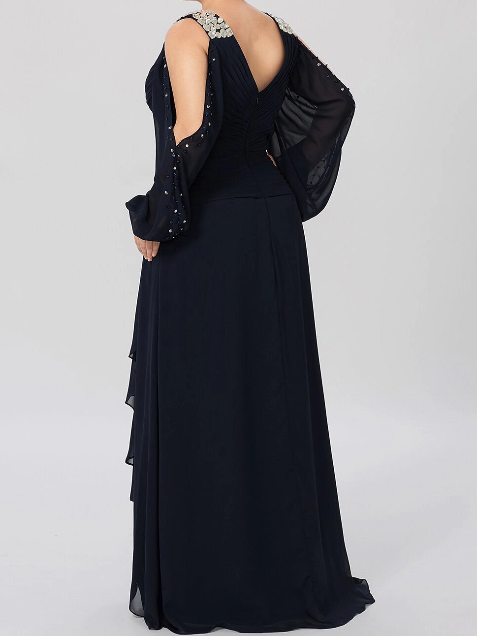 Roselledress back view black formal gown,deep open back cold shoulder long sleeve plus size evening dress