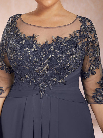 Dark Grey A Line Illusion Round Neck 3/4 Sleeve Sheer Lace Back Floor Length Plus Size Mother Of The Bride Dress