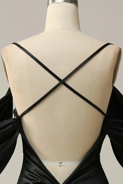 RoselleDress Black Satin Square Neck Cross Back Mermaid Prom Gown
