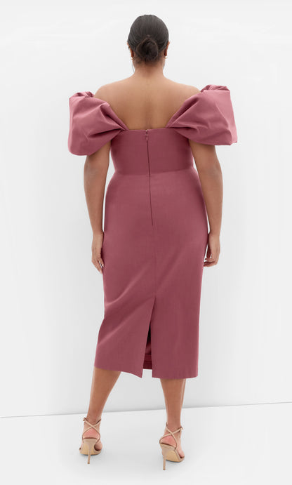 Plus‑Size Off‑The‑Shoulder Puff Sleeve Ruched Midi Sheath Wedding Guest Dress