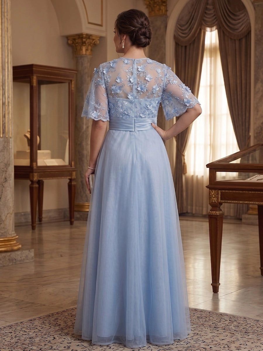 roselledress curvy light blue mom dress full sheer floral lace back zipper church wedding long gown  
