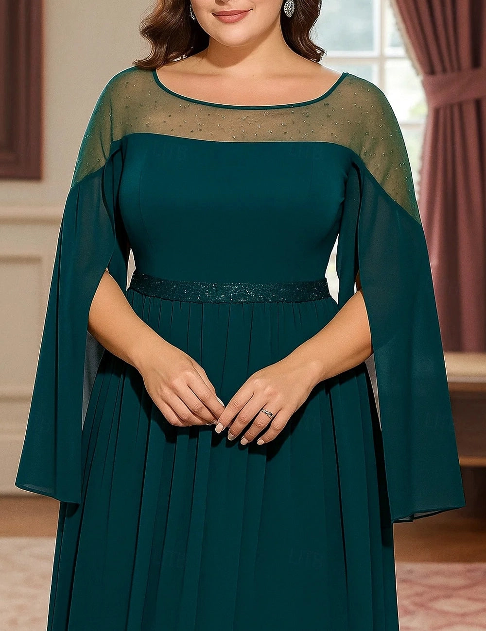 Modest A‑Line Bateau Cape‑Sleeve Mesh‑Back Floor‑Length Mother Of The Bride Dress