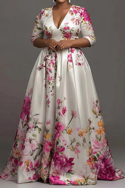 Roselledress Luxury A-Line V-Neck Back Zipper Floral Satin With Train Plus Size Prom Dress