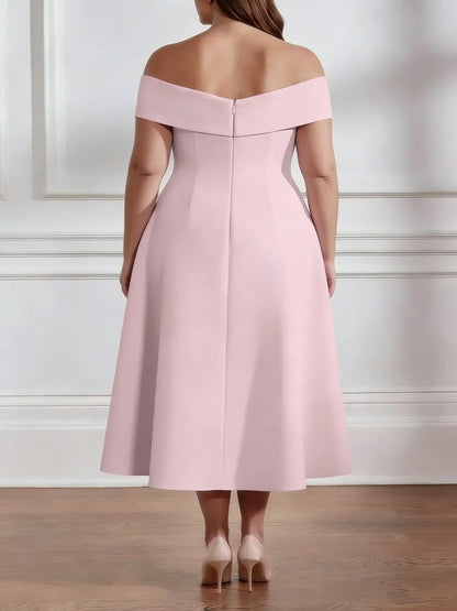 RoselleDress light pink fold off-shoulder midi formal gown center zipper back plus size mother dress back shot