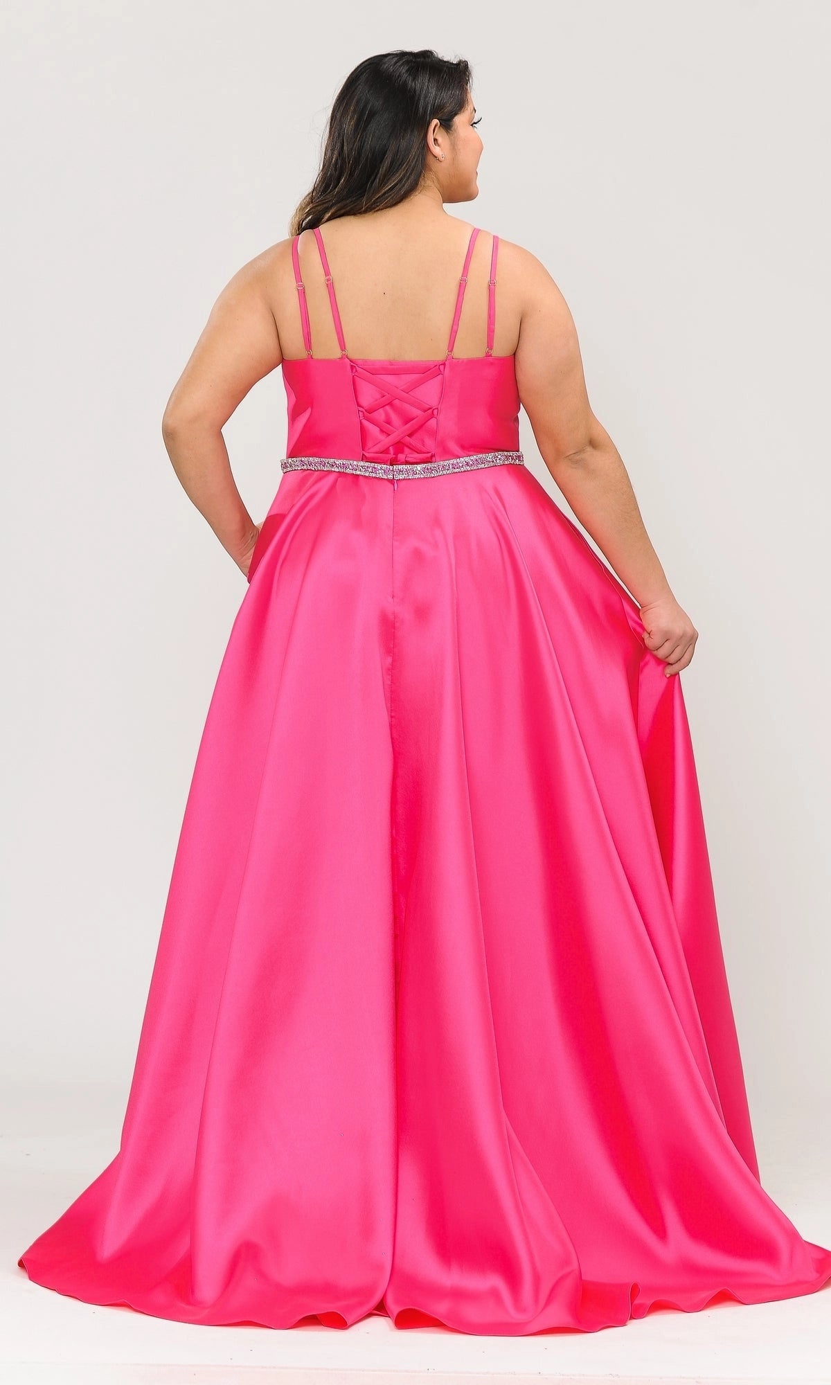 Navy Plus Size A-Line V Neck Spaghetti Strap Lace Up Back Long Prom Dress