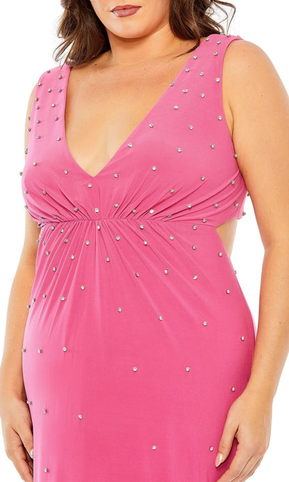 Chic Sheath V-Neck Sleeveless Cutout Back Zipper Back Floor-Length Plus Size Rhinestone Prom Dress