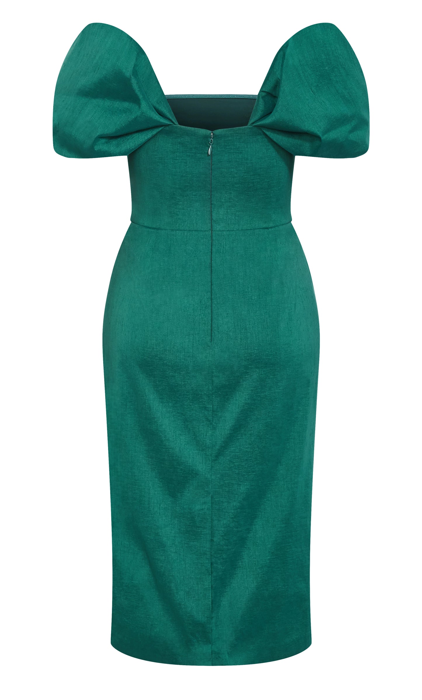 Plus‑Size Off‑The‑Shoulder Puff Sleeve Ruched Midi Sheath Wedding Guest Dress