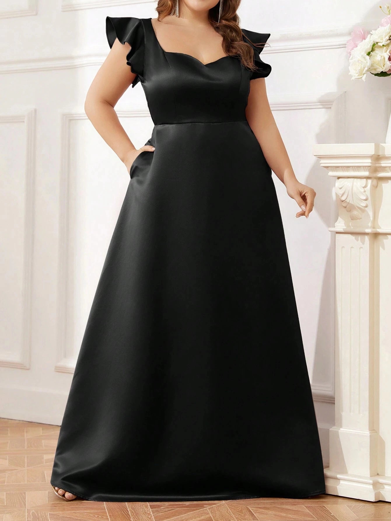 Black Plus‑Size A‑Line Sweetheart Ruffle‑Sleeve Zipper‑Back Floor‑Length Prom Dress