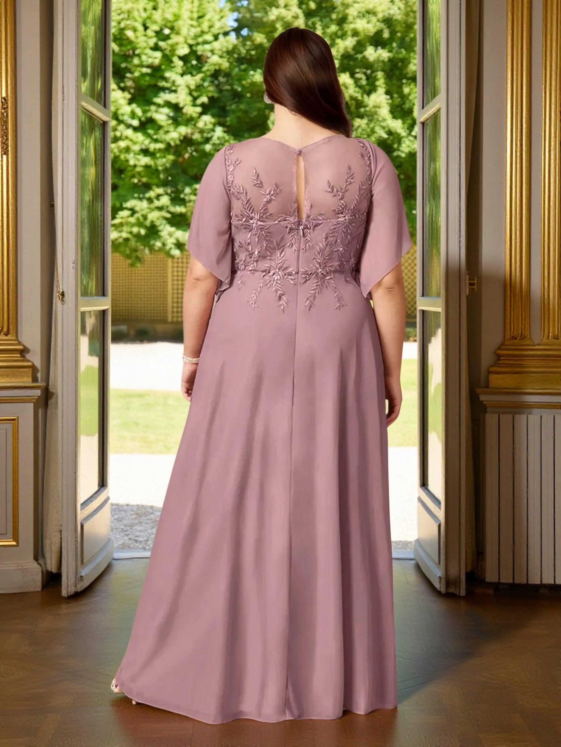 Roselledress dusty mauve a‑line formal dress back view, keyhole back mesh embroidery plus size mother of bride gown