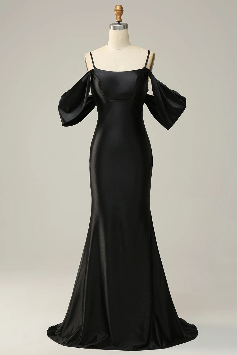 RoselleDress black satin square neck prom gown off shoulder puff sleeve mermaid formal dress