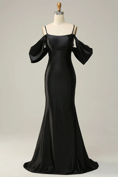 RoselleDress black satin square neck prom gown off shoulder puff sleeve mermaid formal dress