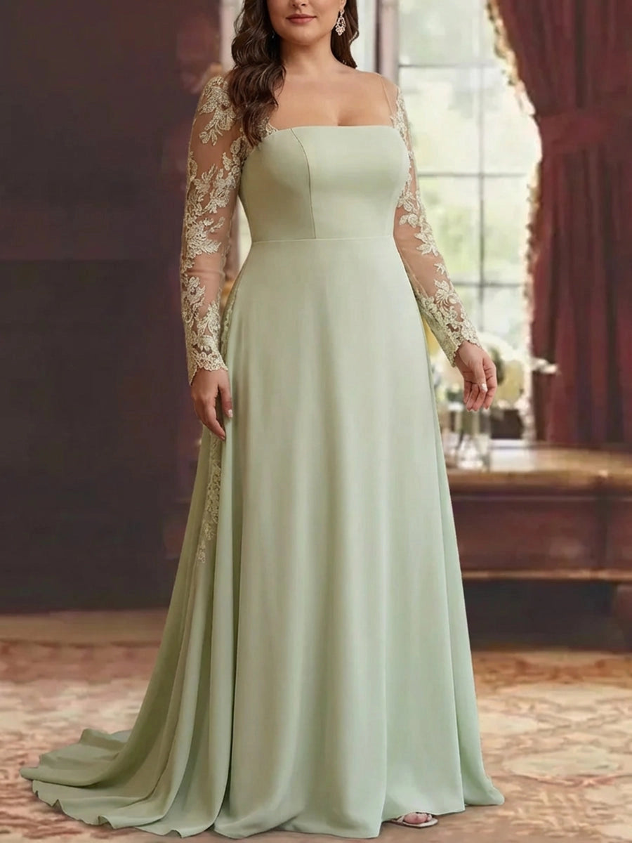 RoselleDress sage green satin plus size straight neck train floor length mother of bride dress lace long sleeve front view