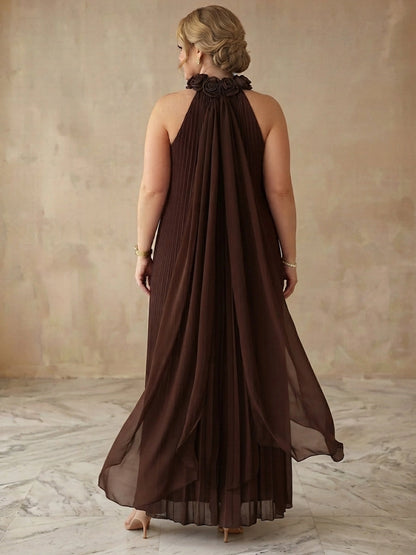 Brown plus size evening gown back view, halter neck with 3D rose trim, draped cape back and pleated chiffon maxi skirt
