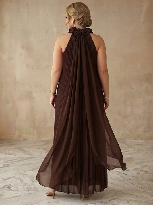 Brown plus size evening gown back view, halter neck with 3D rose trim, draped cape back and pleated chiffon maxi skirt
