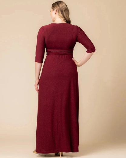 Champagne Plus Size Shimmer Twist‑Front 3/4 Sleeve Maxi Wedding Guest Dress