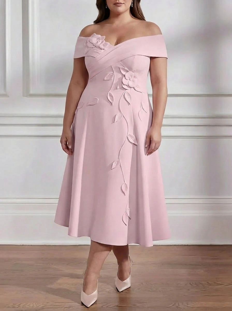 RoselleDress blush pink crepe plus size off shoulder midi mother of bride dress 3D floral applique front view