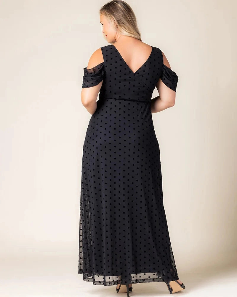 roselledress black polka dot mesh wedding guest dress cold shoulder v‑back side slit plus size formal maxi dress back view