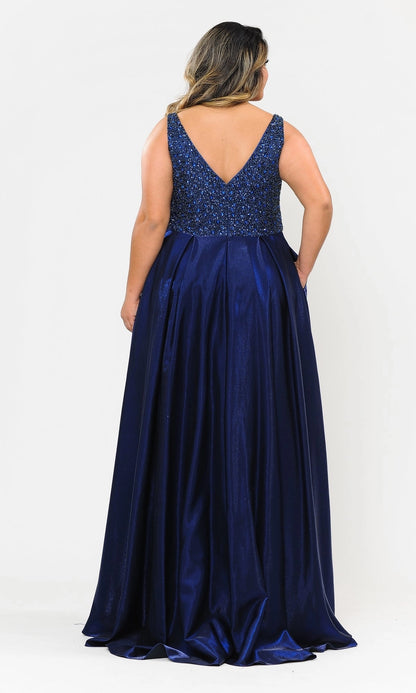 Luxury A-Line V-Neck Sleeveless V-Back Zipper Back Floor-Length Plus Size Beaded Prom Dress