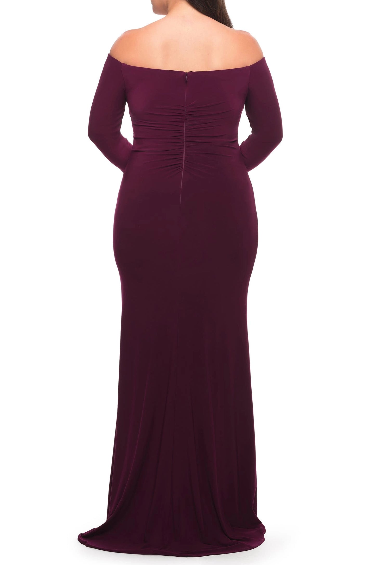 Roselle Dress plus size burgundy off‑the‑shoulder long sleeve formal maxi gown back view