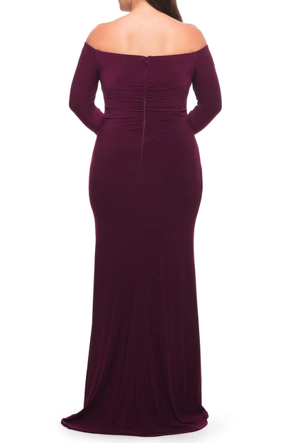 Roselle Dress plus size burgundy off‑the‑shoulder long sleeve formal maxi gown back view