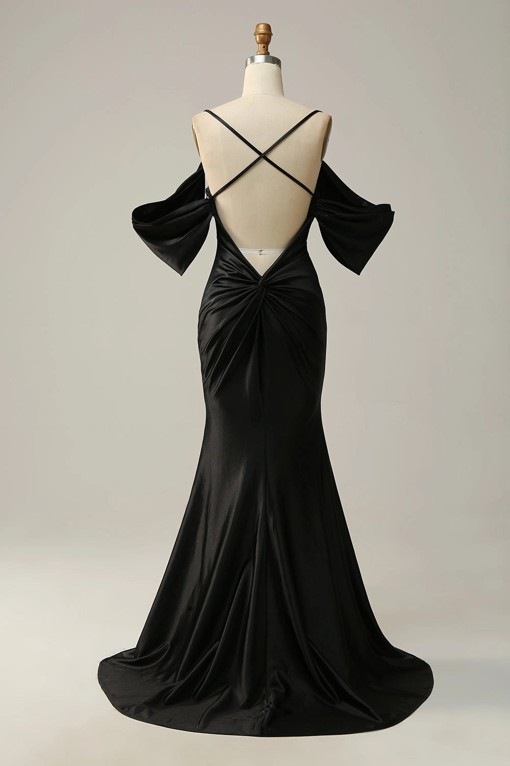Back view RoselleDress black satin cross back twist mermaid gown sweep train evening prom dress