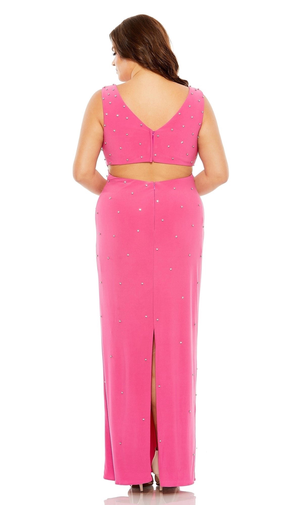 Roselledress plus size rhinestone sheath prom dress back view, midriff cutout and back slit hot pink evening dress