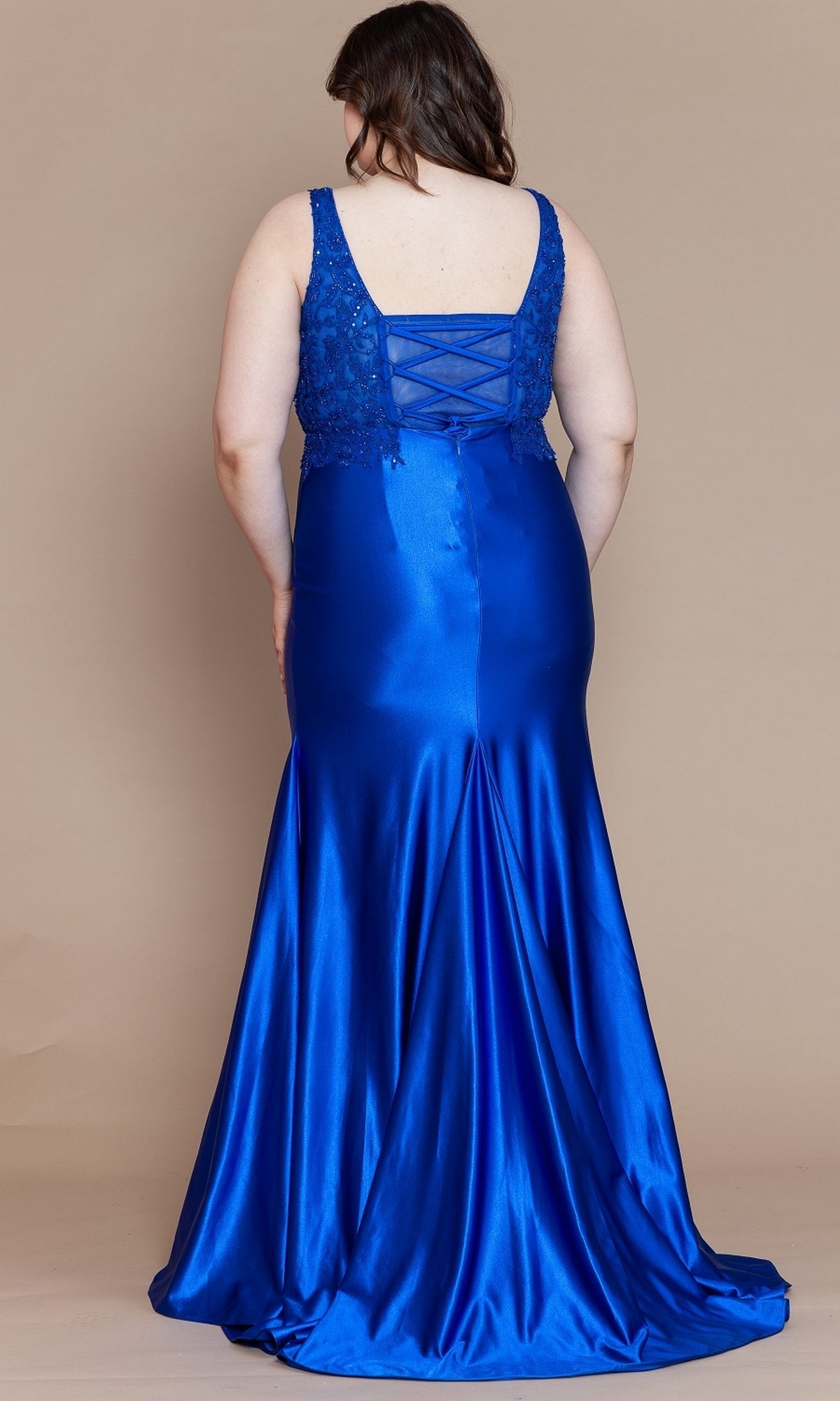 Elegant Mermaid V-Neck Spaghetti Strap Lace Corset Back Sweep Train Plus Size Prom Dress