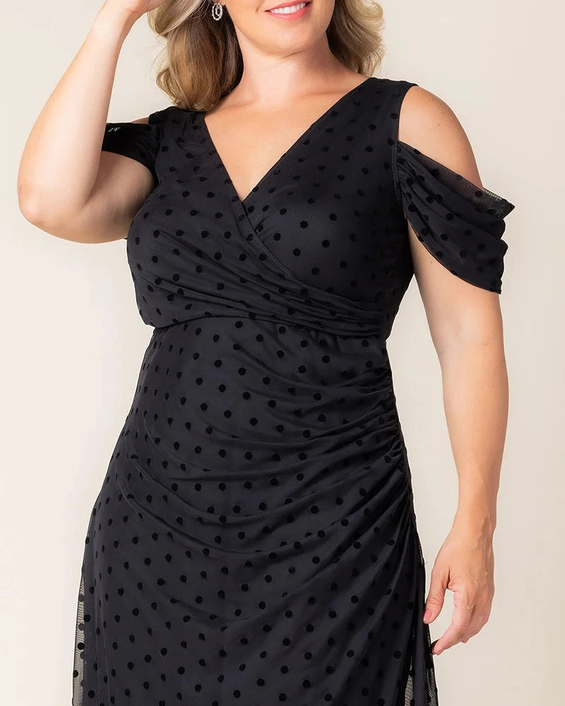 Roselledress Cold‑Shoulder Polka Dot Mesh Slit Maxi Plus Size Wedding Guest Dress