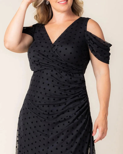 Roselledress Cold‑Shoulder Polka Dot Mesh Slit Maxi Plus Size Wedding Guest Dress