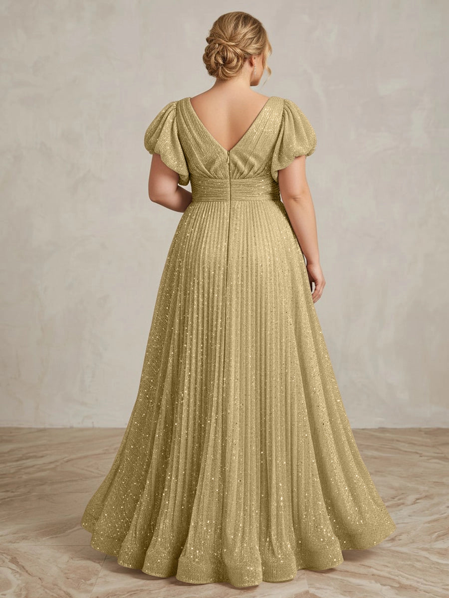Roselledress sparkly gold pleated long formal dress back view, v-back zipper closure plus size wedding guest evening gown