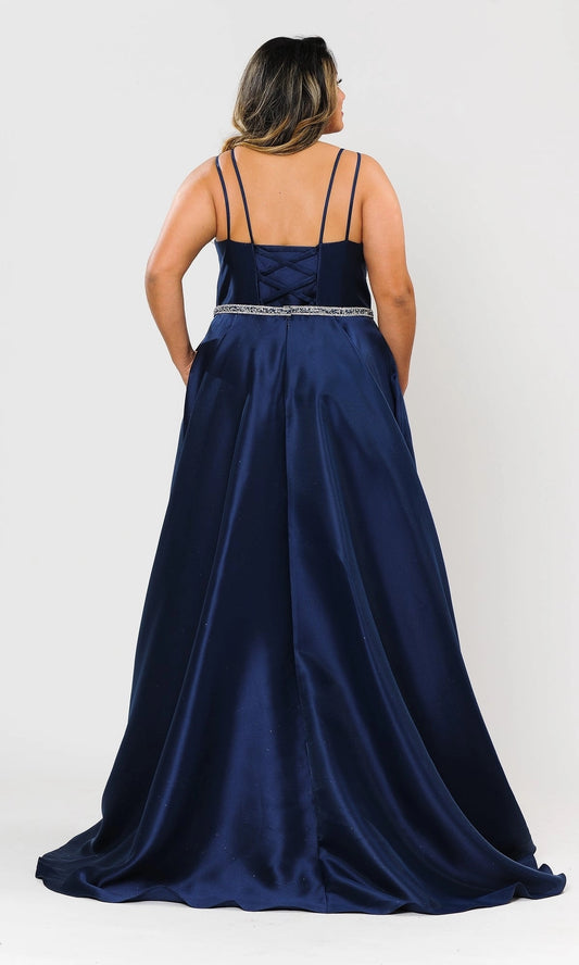 roselledress plus size navy satin formal dress lace up crisscross back long evening gown with train