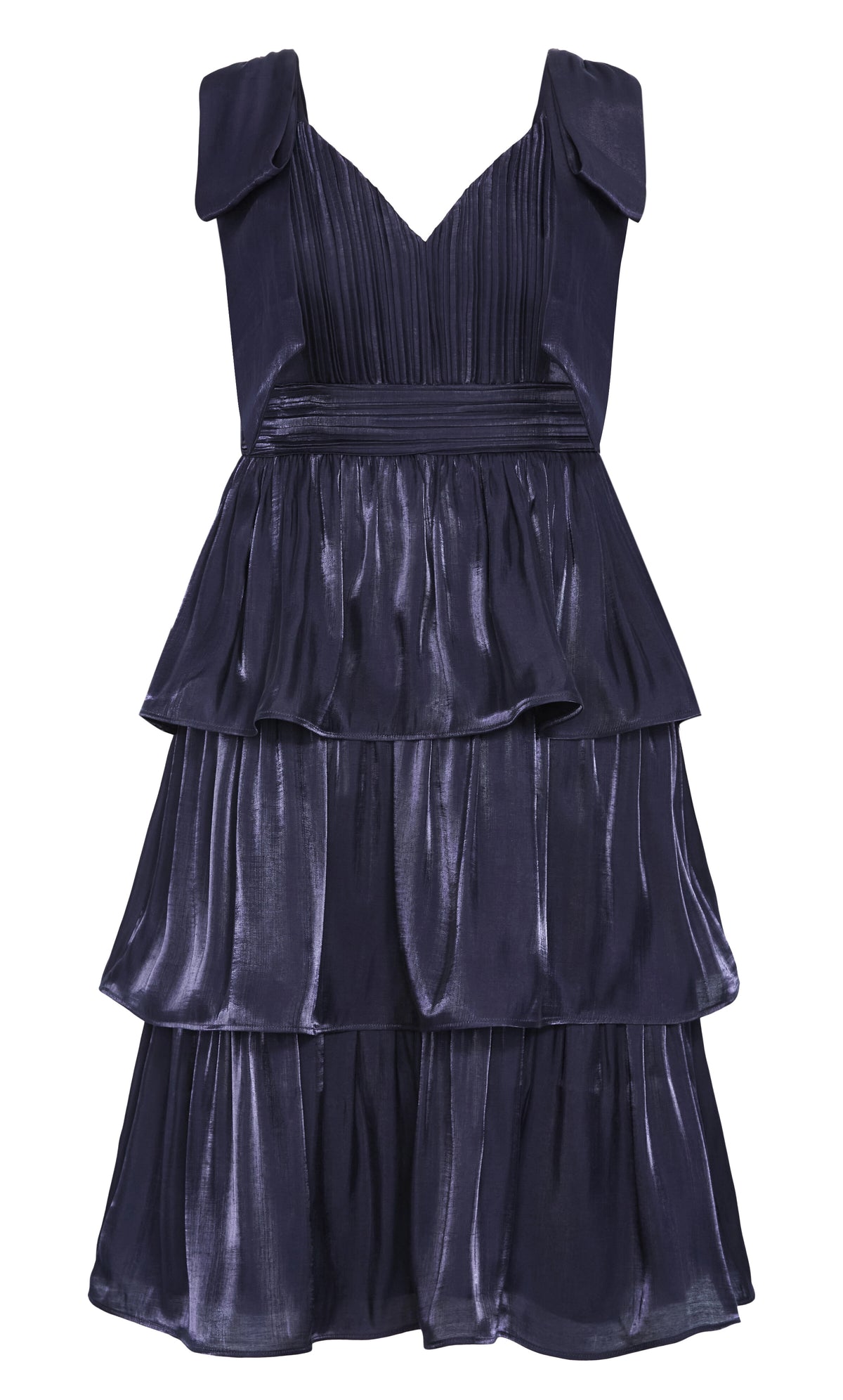 Glamorous Tiered V‑Neck Sleeveless Bow‑Back Midi Plus Size Wedding Guest Dress