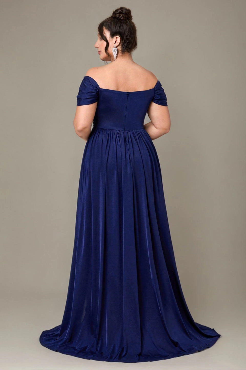 Roselledress stretch satin bridesmaid dress solid square zipper back curvy evening gown rear view