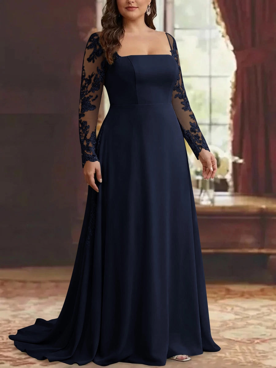 RoselleDress Satin A-Line Straight Neck Lace Long Sleeve Zip Back Train Floor Length Plus Size Mother Of Bride Dress