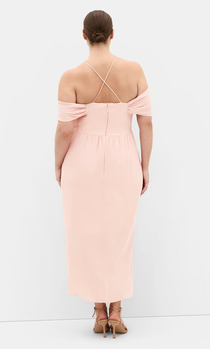 Dusty Rose Off‑The‑Shoulder Criss‑Cross Back Midi Plus Size Wedding Guest Dress