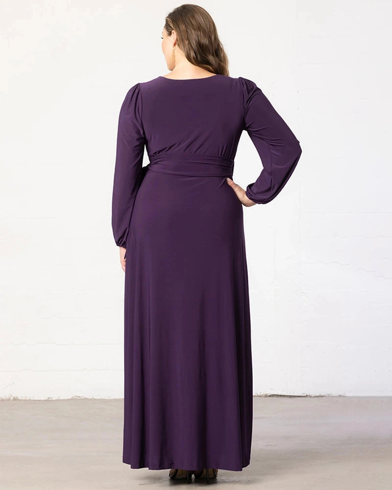 roselledress deep purple plus size wrap wedding guest dress long sleeve solid back maxi formal dress back view