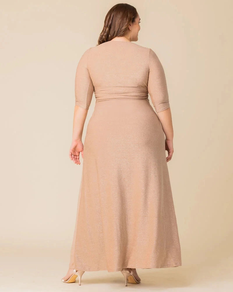 Roselle Dress plus size champagne shimmer twist‑front 3/4 sleeve formal maxi dress back view