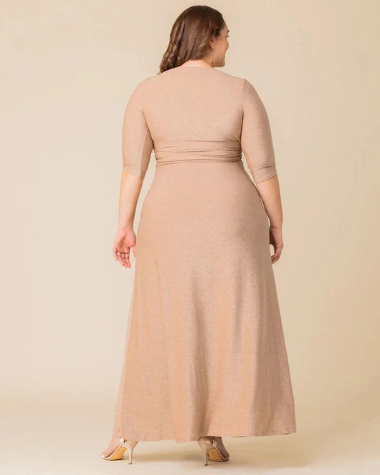 Roselle Dress plus size champagne shimmer twist‑front 3/4 sleeve formal maxi dress back view