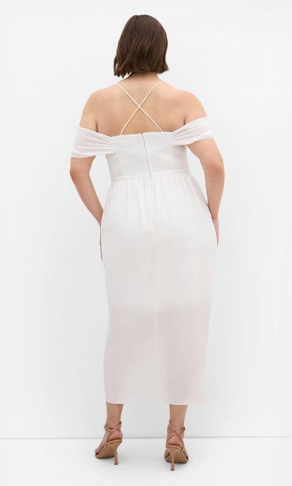 Dusty Rose Off‑The‑Shoulder Criss‑Cross Back Midi Plus Size Wedding Guest Dress