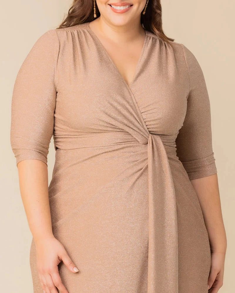 Champagne Plus Size Shimmer Twist‑Front 3/4 Sleeve Maxi Wedding Guest Dress