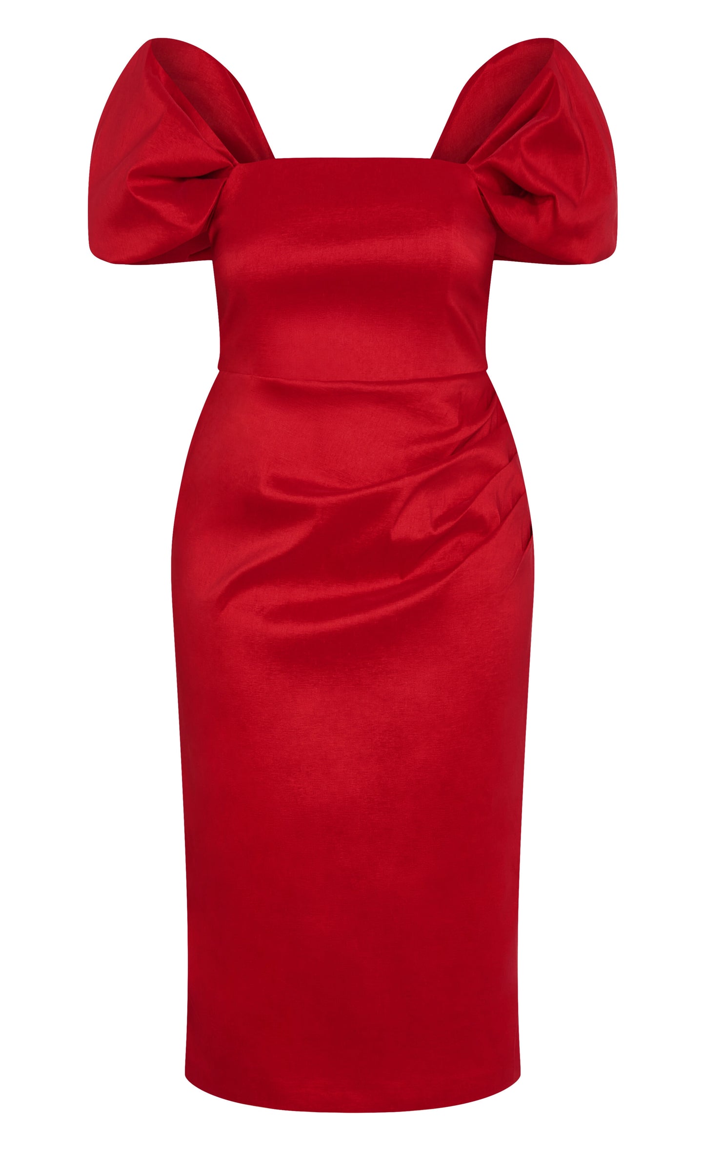 Plus‑Size Off‑The‑Shoulder Puff Sleeve Ruched Midi Sheath Wedding Guest Dress