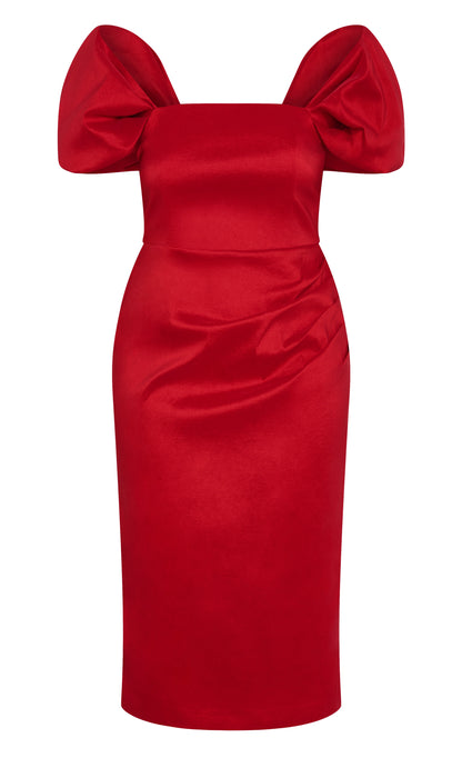 Plus‑Size Off‑The‑Shoulder Puff Sleeve Ruched Midi Sheath Wedding Guest Dress