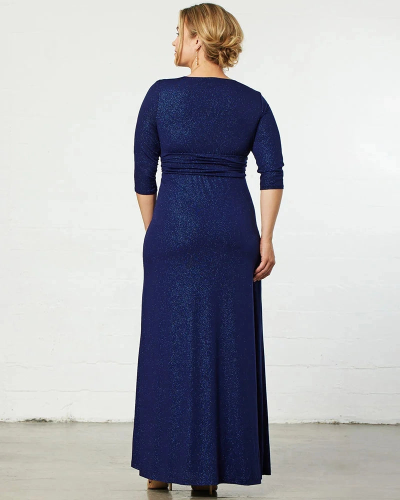 Champagne Plus Size Shimmer Twist‑Front 3/4 Sleeve Maxi Wedding Guest Dress