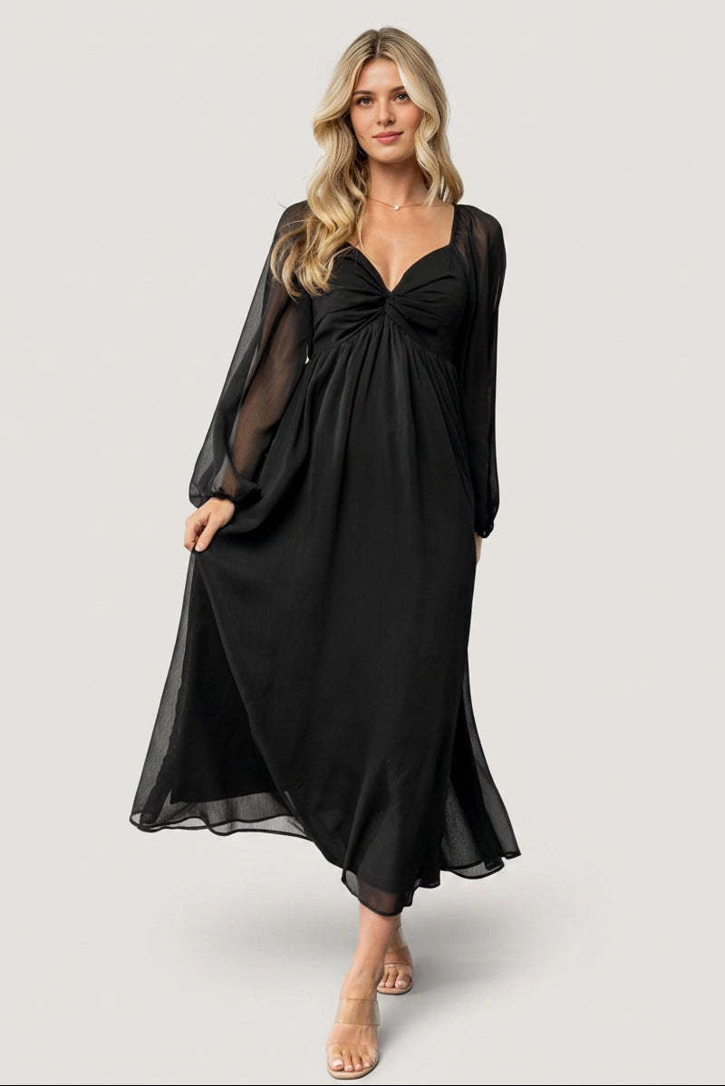 Flowy Midi V-Neck Twist Long Sleeve Smocked-Back Mother Of Bride Dress