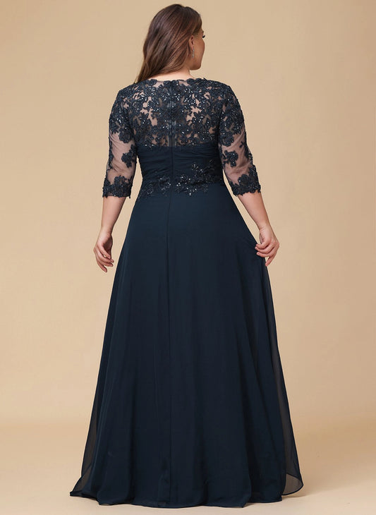 Roselledress dark navy plus size long evening dress illusion lace zipper back rear view