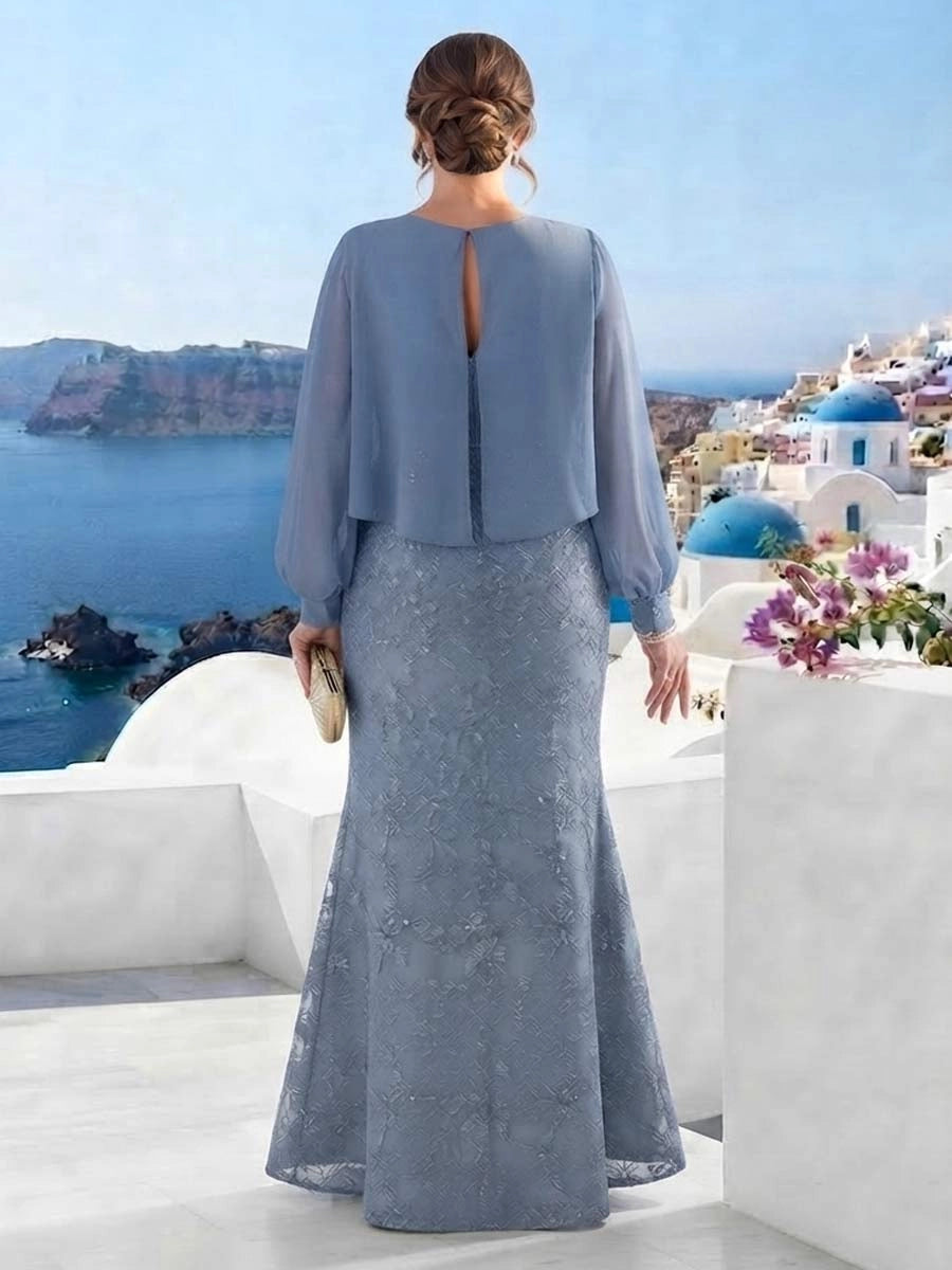 Back view RoselleDress slate blue curvy mermaid gown keyhole back chiffon cape floor‑length wedding mother evening dress