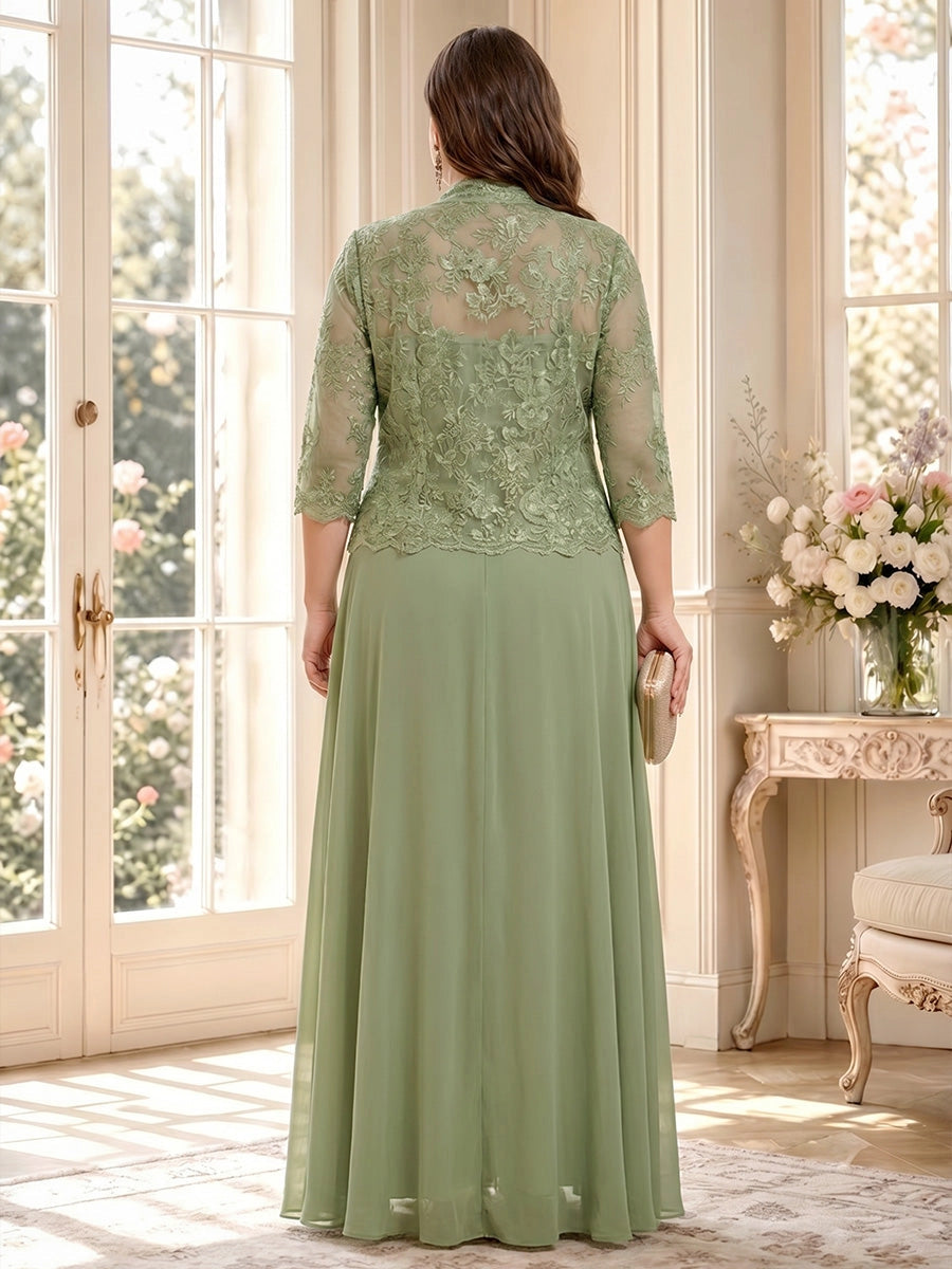 roselledress curvy sage green mom formal dress sheer floral lace jacket back modest church mother of groom long dress